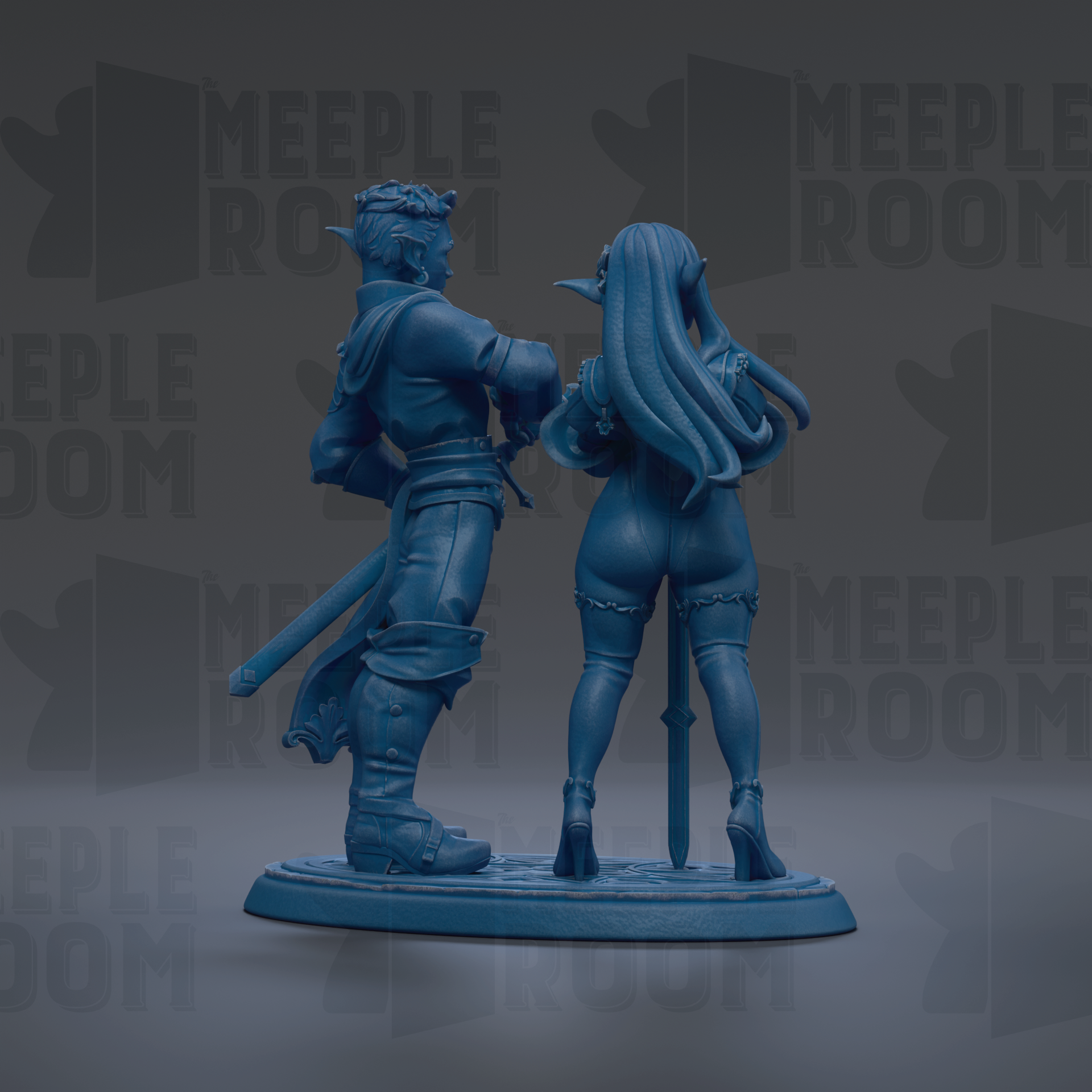 A blue figurine of a man and a woman standing together, with the text "MEEPLE ROOM" repeated in the background.