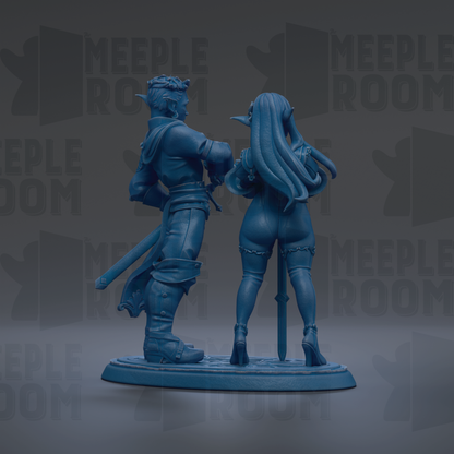 A blue figurine of a man and a woman standing together, with the text "MEEPLE ROOM" repeated in the background.