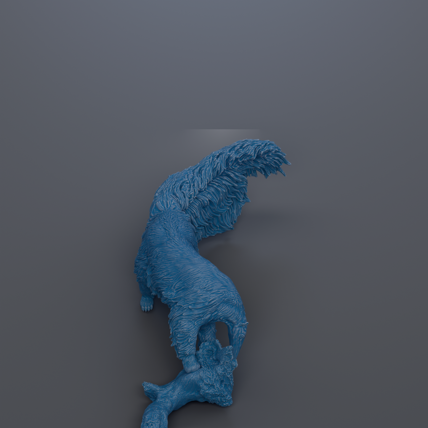 A blue, furry animal sculpture is shown in a dynamic pose, with its tail curled around its body.