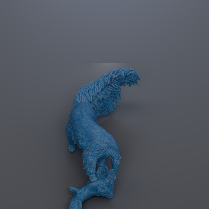 A blue, furry animal sculpture is shown in a dynamic pose, with its tail curled around its body.