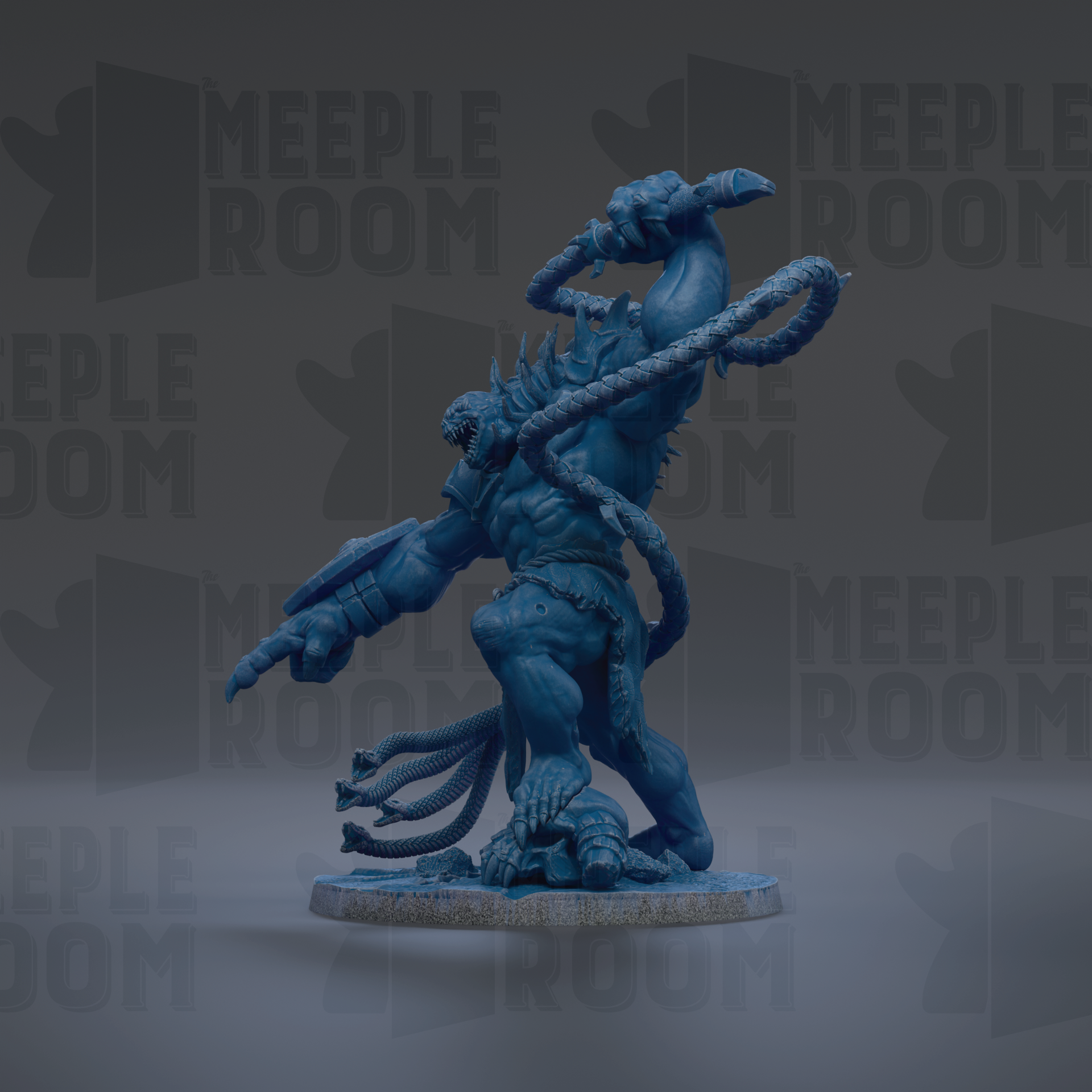 A blue, fantastical creature with sharp teeth and claws is depicted in a dynamic pose, surrounded by a dark background with repeated text.