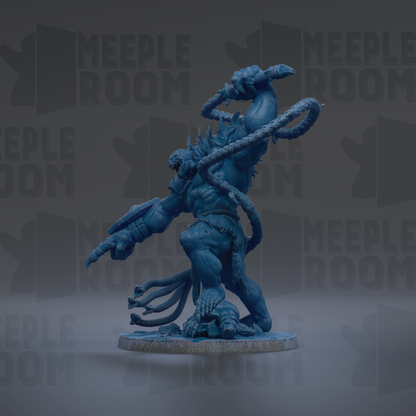 A blue, fantastical creature with sharp teeth and claws is depicted in a dynamic pose, surrounded by a dark background with repeated text.