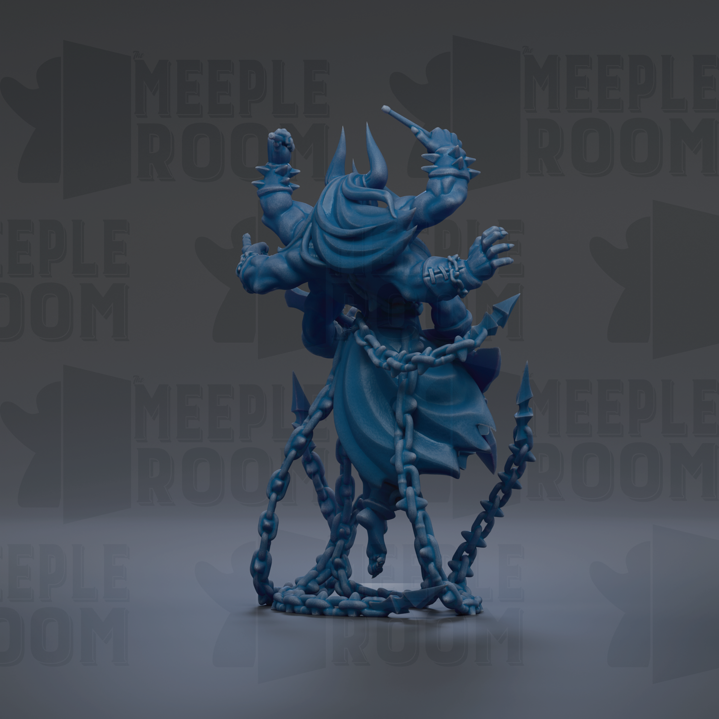 A 3D rendering of a blue, fantastical creature with horns and claws, surrounded by chains, against a dark background with repeated text.