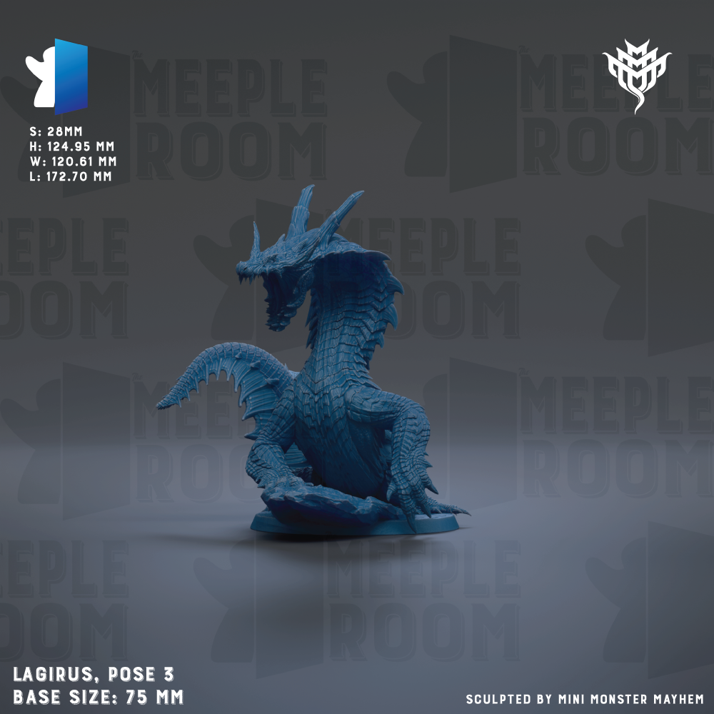 a blue dragon statue with a textured, scaly appearance. The dragon is posed in a dynamic, standing position, and is set against a dark background with repeated text and logos.