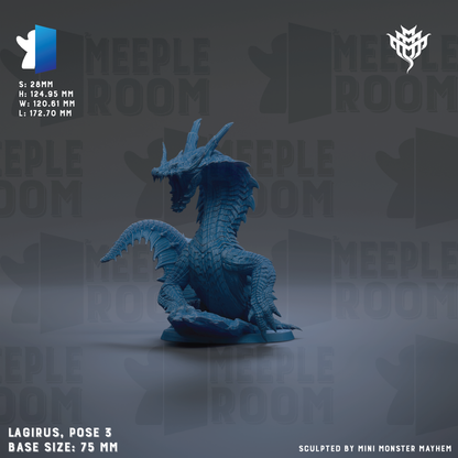a blue dragon statue with a textured, scaly appearance. The dragon is posed in a dynamic, standing position, and is set against a dark background with repeated text and logos.