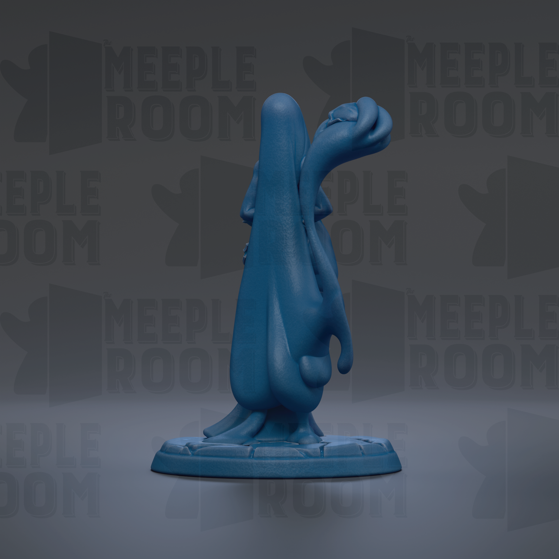 A blue, abstract sculpture with a unique, distorted shape stands on a base against a dark background with repeated text.