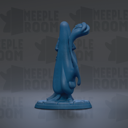 A blue, abstract sculpture with a unique, distorted shape stands on a base against a dark background with repeated text.