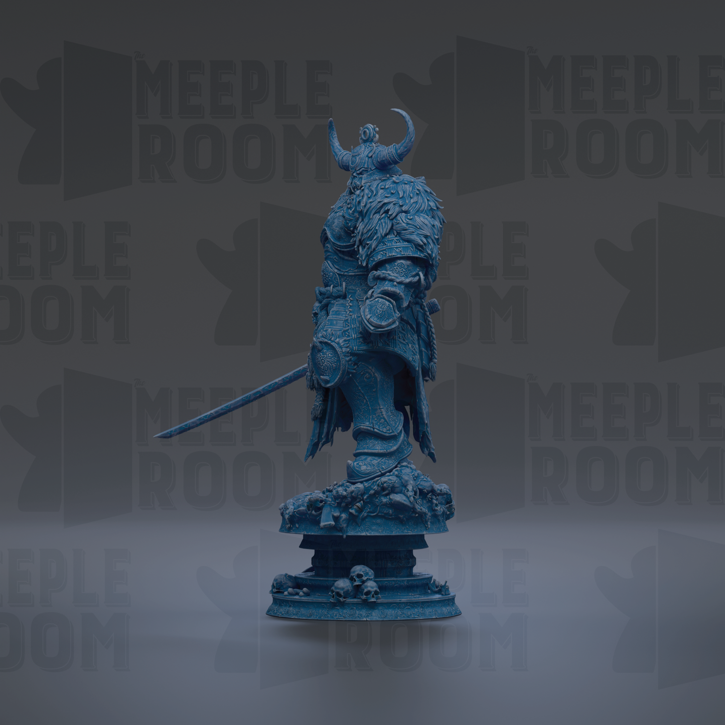 A blue statue of a warrior figure with horns and a sword stands on a pedestal against a dark background with repeated text.