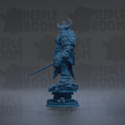A blue statue of a warrior figure with horns and a sword stands on a pedestal against a dark background with repeated text.