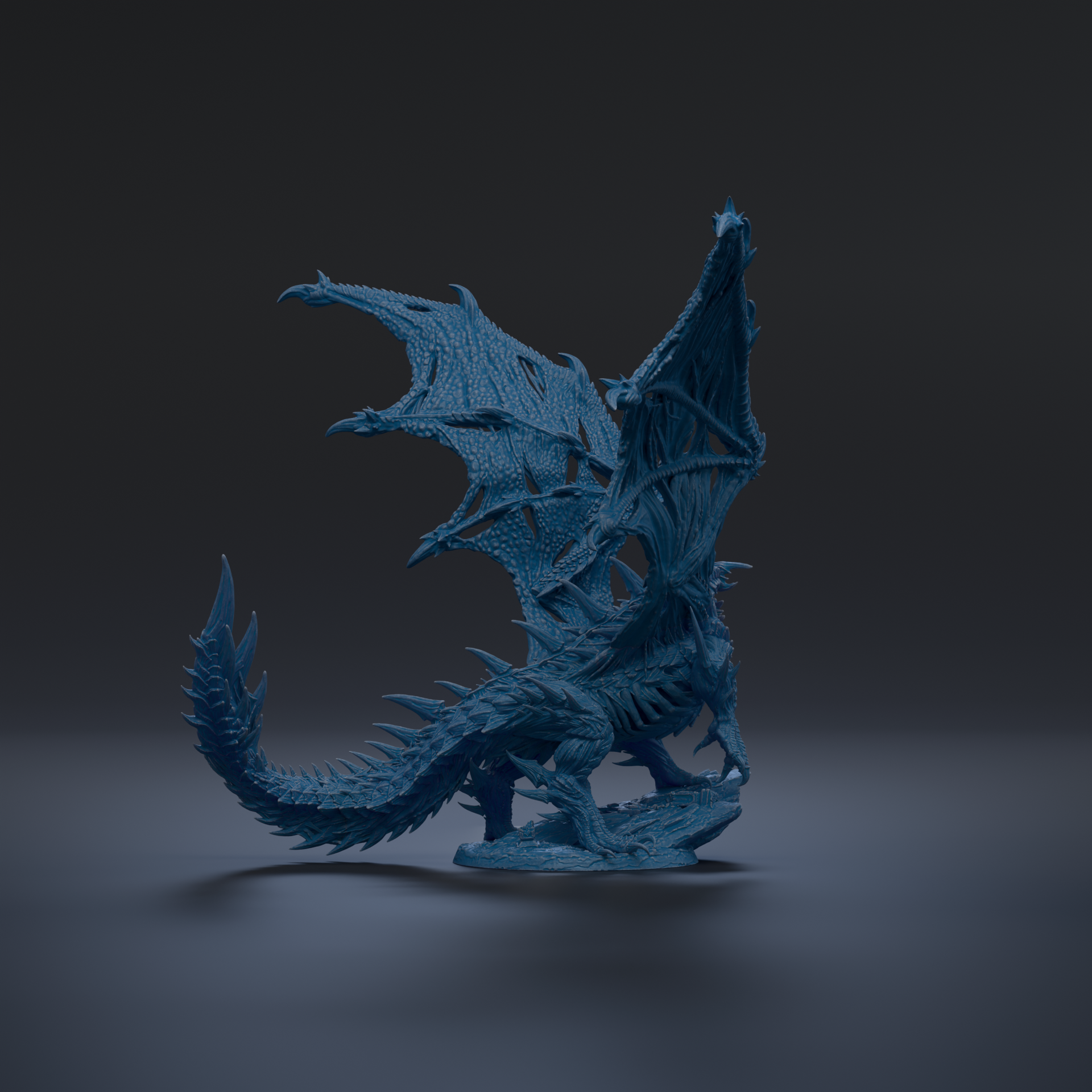 A 3D rendering of a blue dragon-like creature with sharp teeth and claws, standing on a platform against a dark background.