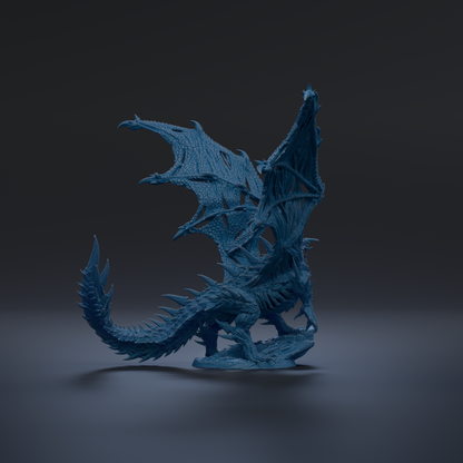 A 3D rendering of a blue dragon-like creature with sharp teeth and claws, standing on a platform against a dark background.
