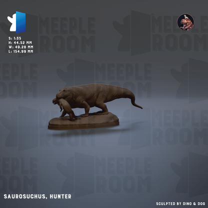 a sculpture of a dinosaur, specifically a sauropod, with the name 'Hunter' below it. The background of the image has the text 'MEUPLE ROOM' repeated multiple times, suggesting that this is a part of a larger collection or exhibition.