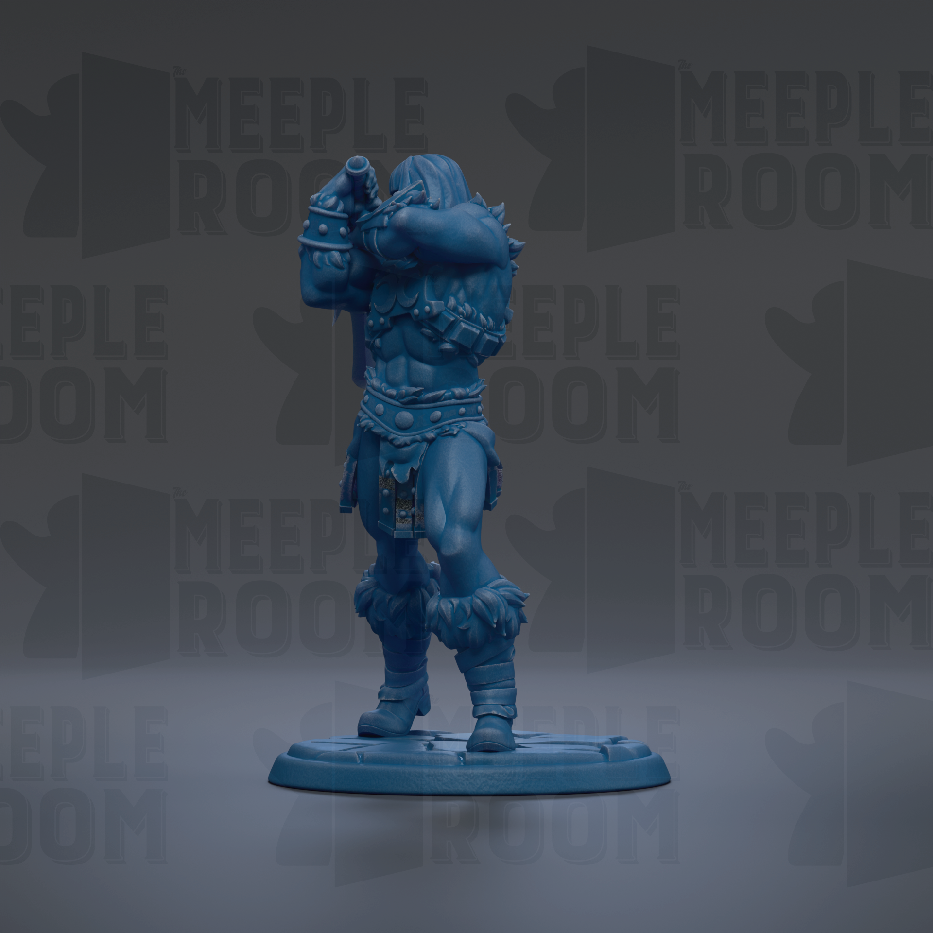 A blue figurine of a muscular, armored character stands on a base against a dark background with repeated text.