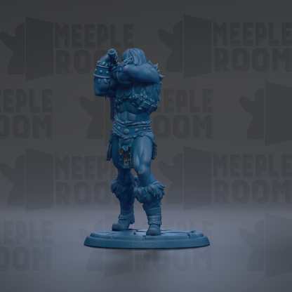 A blue figurine of a muscular, armored character stands on a base against a dark background with repeated text.