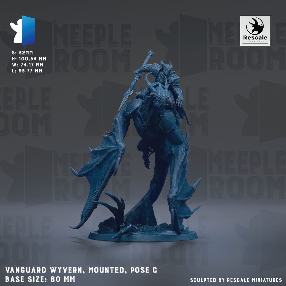 a figurine of a winged creature, possibly a dragon or serpent, mounted on a base and posed in a dynamic, action-packed stance. The figurine is described as "VANGUARD WYVERN, Mounted, Pose C" and is "BASE SIZE: 60 MM". The background of the image is a dark, moody color, which contrasts with the figurine and makes it stand out. The image does not contain any text, and the overall composition is minimalistic and focused on the figurine itself.