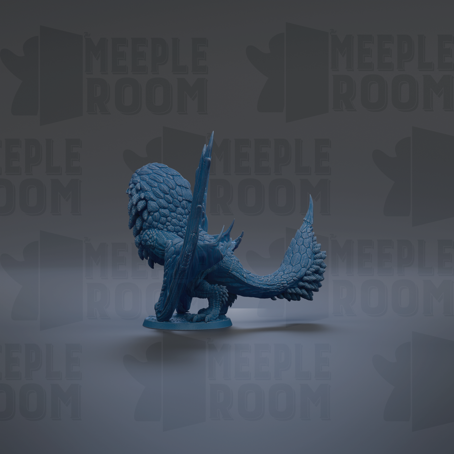 A 3D model of a blue dragon-like creature is displayed against a dark background with repeated text.