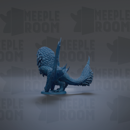 A 3D model of a blue dragon-like creature is displayed against a dark background with repeated text.