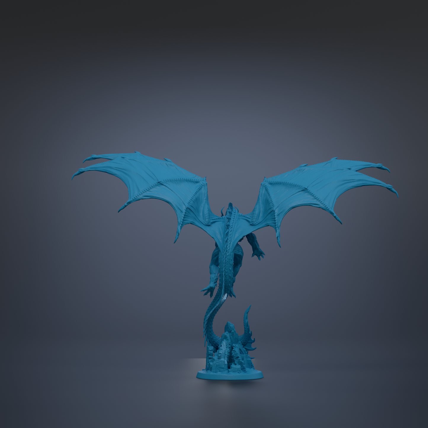 A blue dragon figurine with outstretched wings stands on a base against a dark background.
