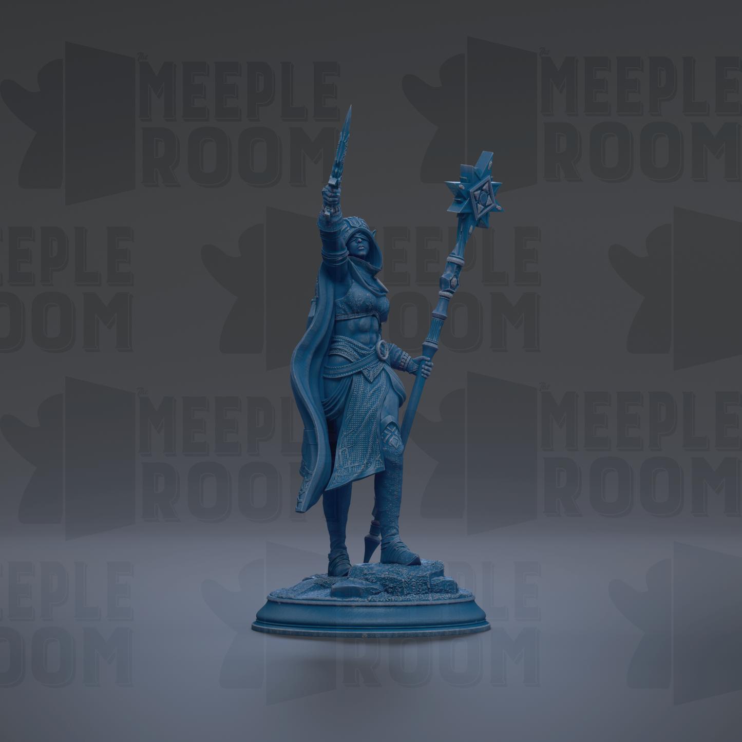 A blue figurine of a person standing on a pedestal, holding a staff and a shield, against a dark background with repeated text.