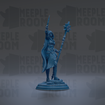 A blue figurine of a person standing on a pedestal, holding a staff and a shield, against a dark background with repeated text.