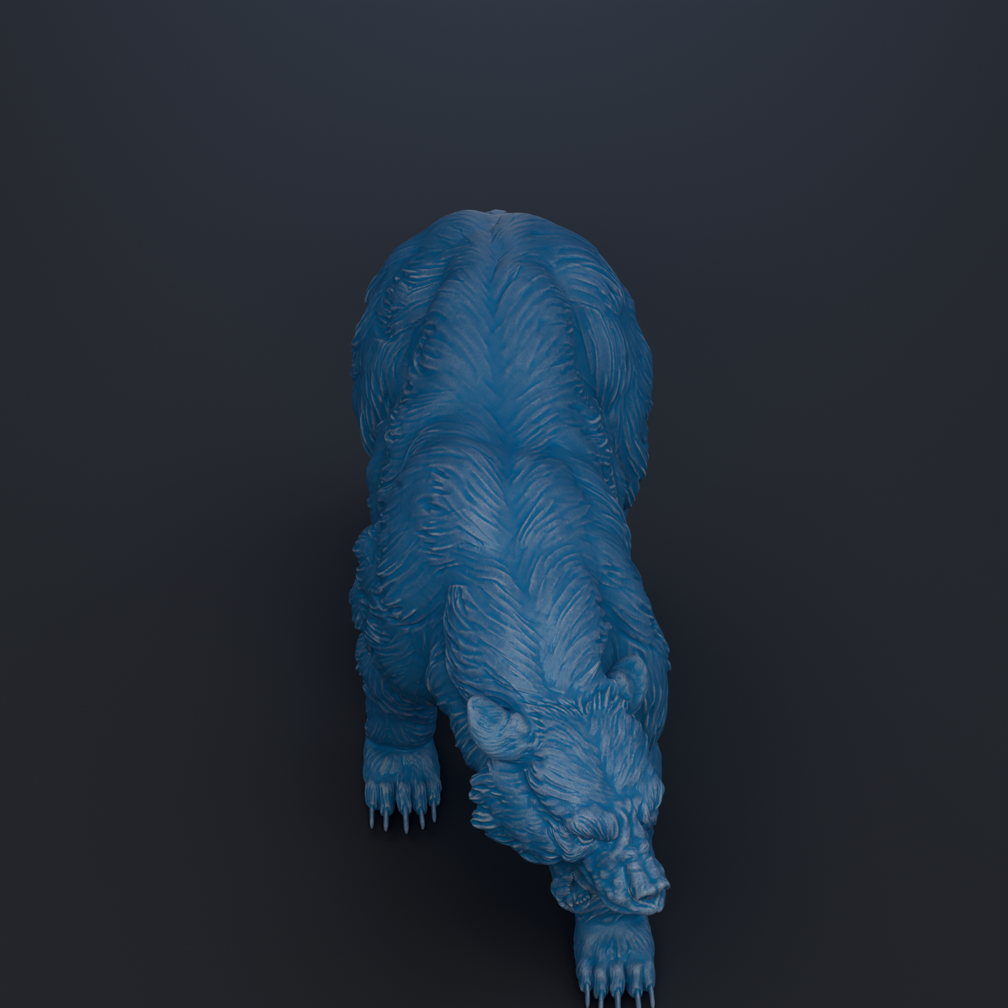 A blue bear statue is shown against a dark background.