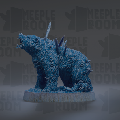 A blue, furry bear figurine with spikes protruding from its body, sitting on a platform against a dark background with repeated text.