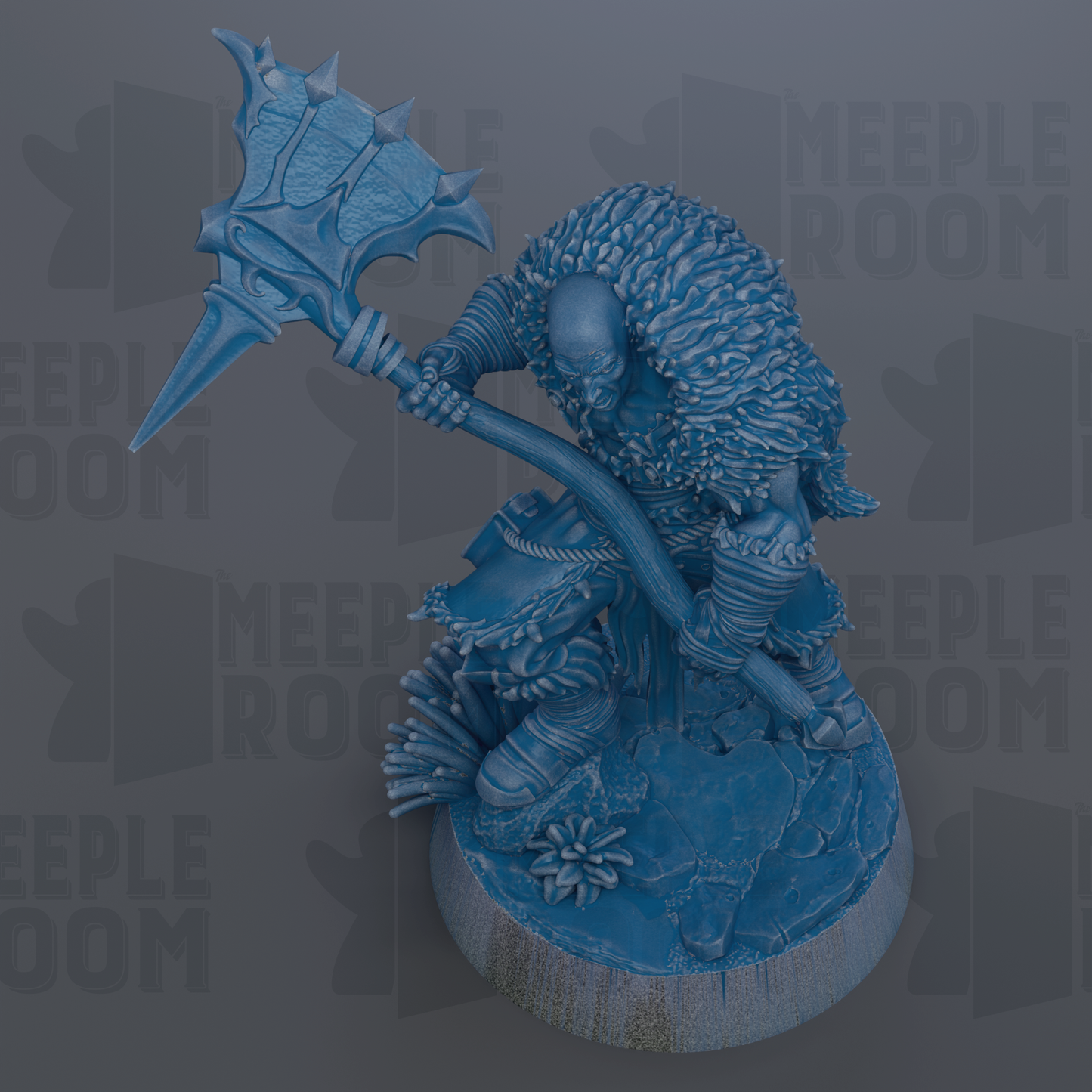A 3D rendering of a blue, furry, armored figure wielding a large weapon, likely a sword or spear, with a textured, weathered appearance.