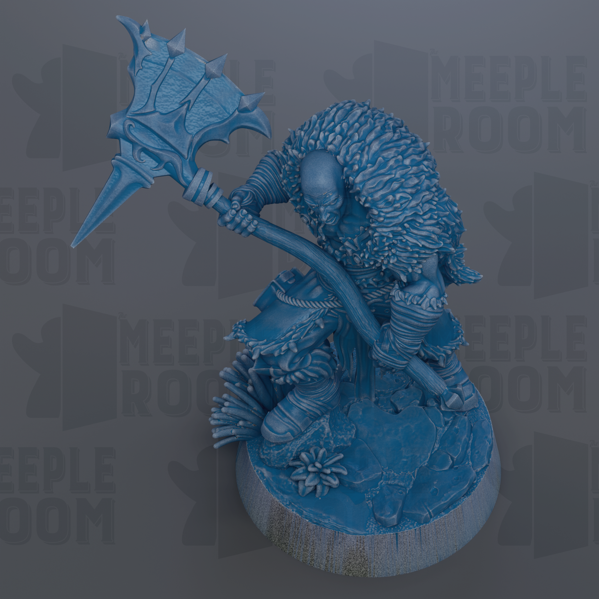 A 3D rendering of a blue, furry, armored figure wielding a large weapon, likely a sword or spear, with a textured, weathered appearance.