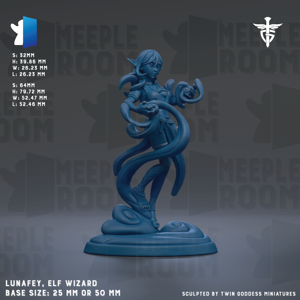 The image is a detailed 3D model of an elf wizard statue, with a base size of 25 mm or 50 mm. The statue is shown in a dynamic pose, with a long, flowing cape and a sword in its hand. The background features the text "MEIPLE ROOM" repeated multiple times, suggesting the statue is part of a larger collection or series.