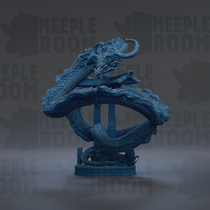 A blue dragon statue with intricate details and flowing scales is displayed against a dark background.
