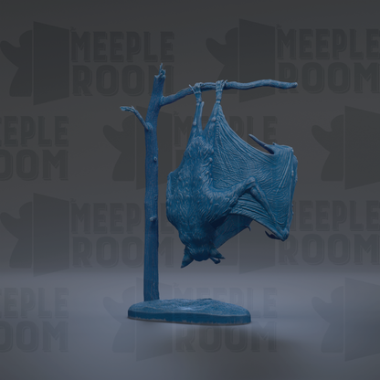 A blue bat sculpture is hanging upside down from a branch against a dark background with repeated text.