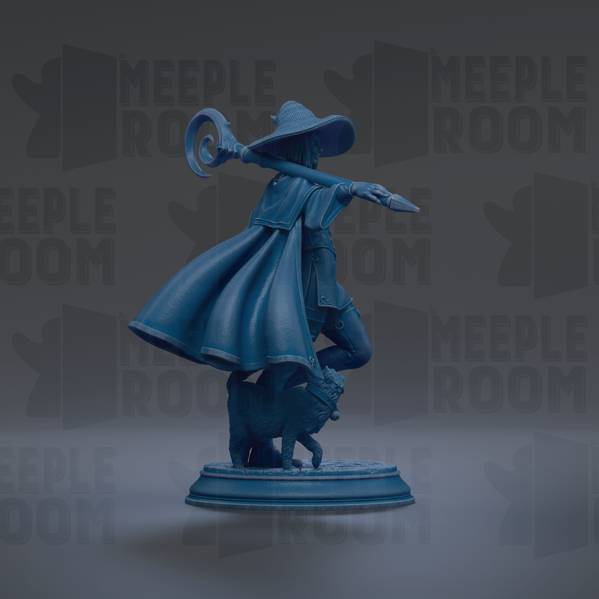 A blue statue of a wizard with a staff and a cat on a pedestal.