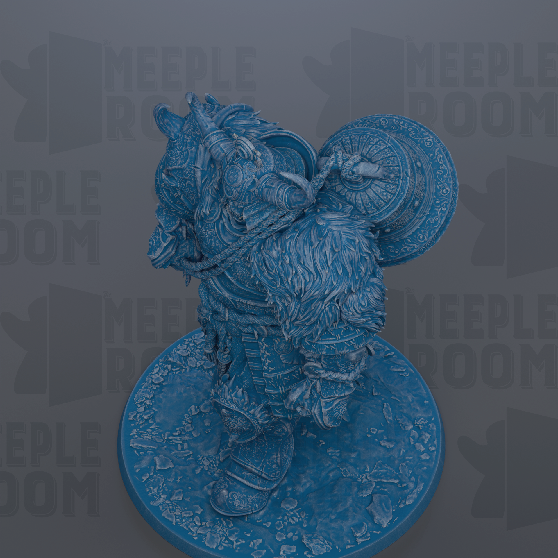 A detailed 3D rendering of a blue, armored figure with a large shield on its back, standing on a circular base.