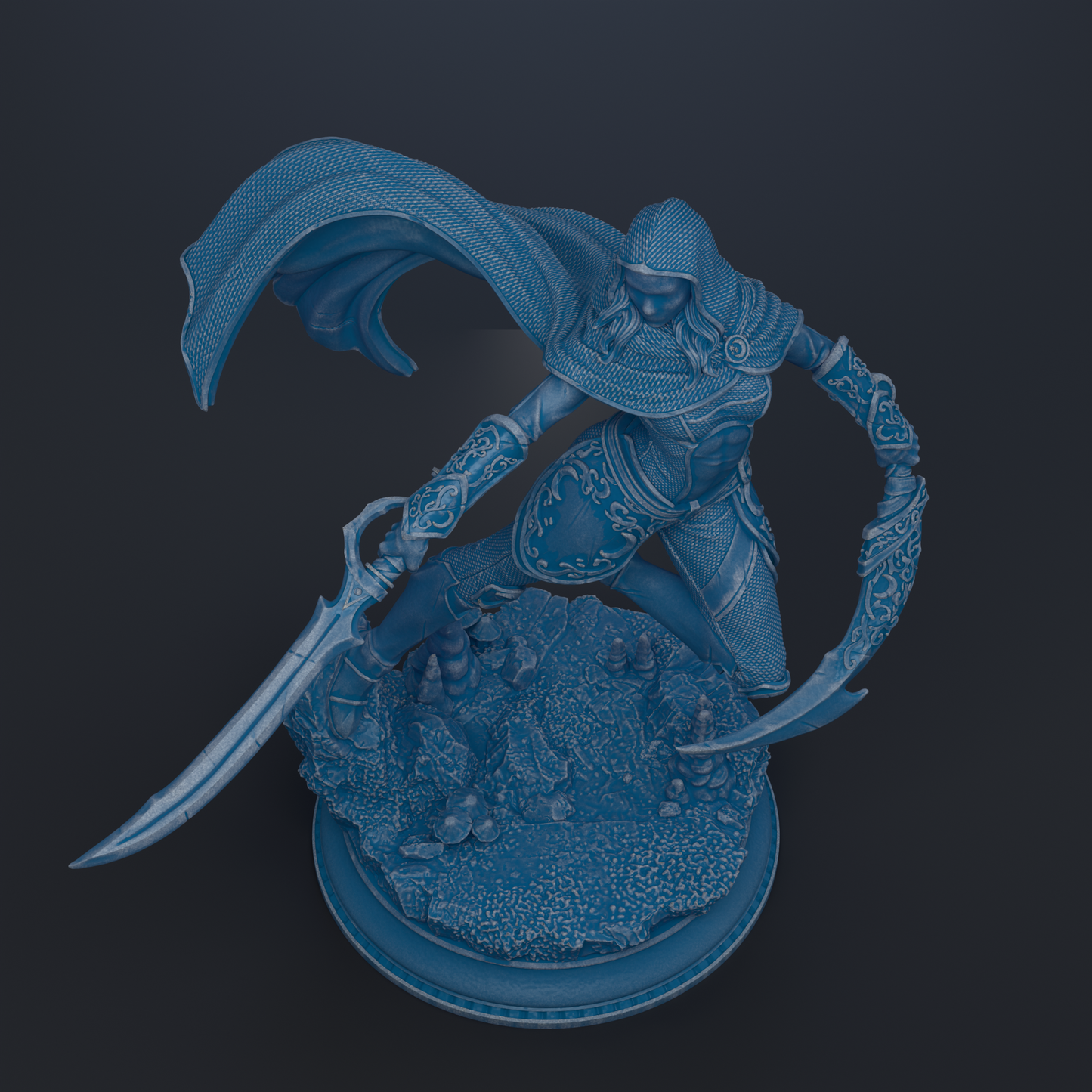 A detailed 3D rendering of a warrior figure wielding a sword and shield, set against a dark background.