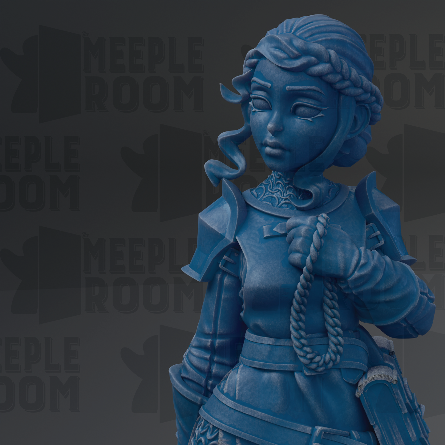 A blue statue of a woman with a braided hairstyle and a serious expression, holding a weapon.