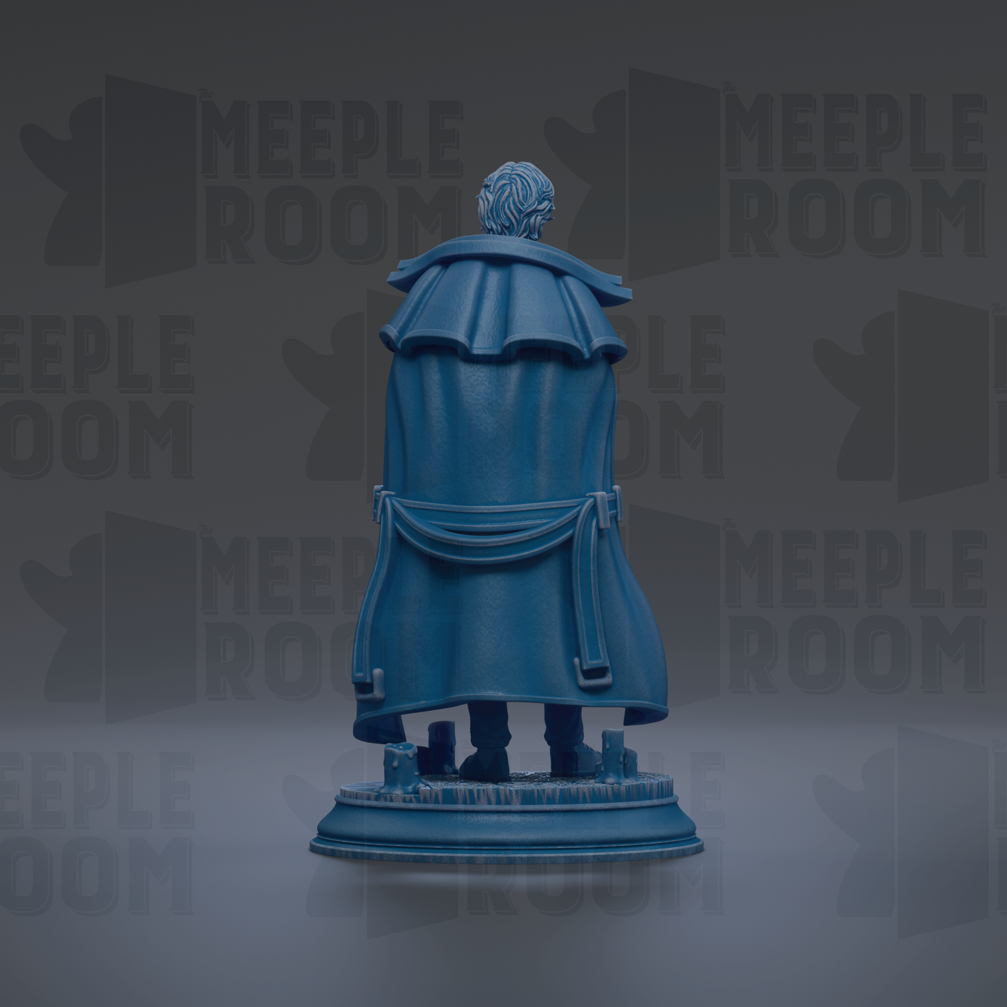 A blue statue of a person wearing a cape, standing on a pedestal against a dark background with repeated text.