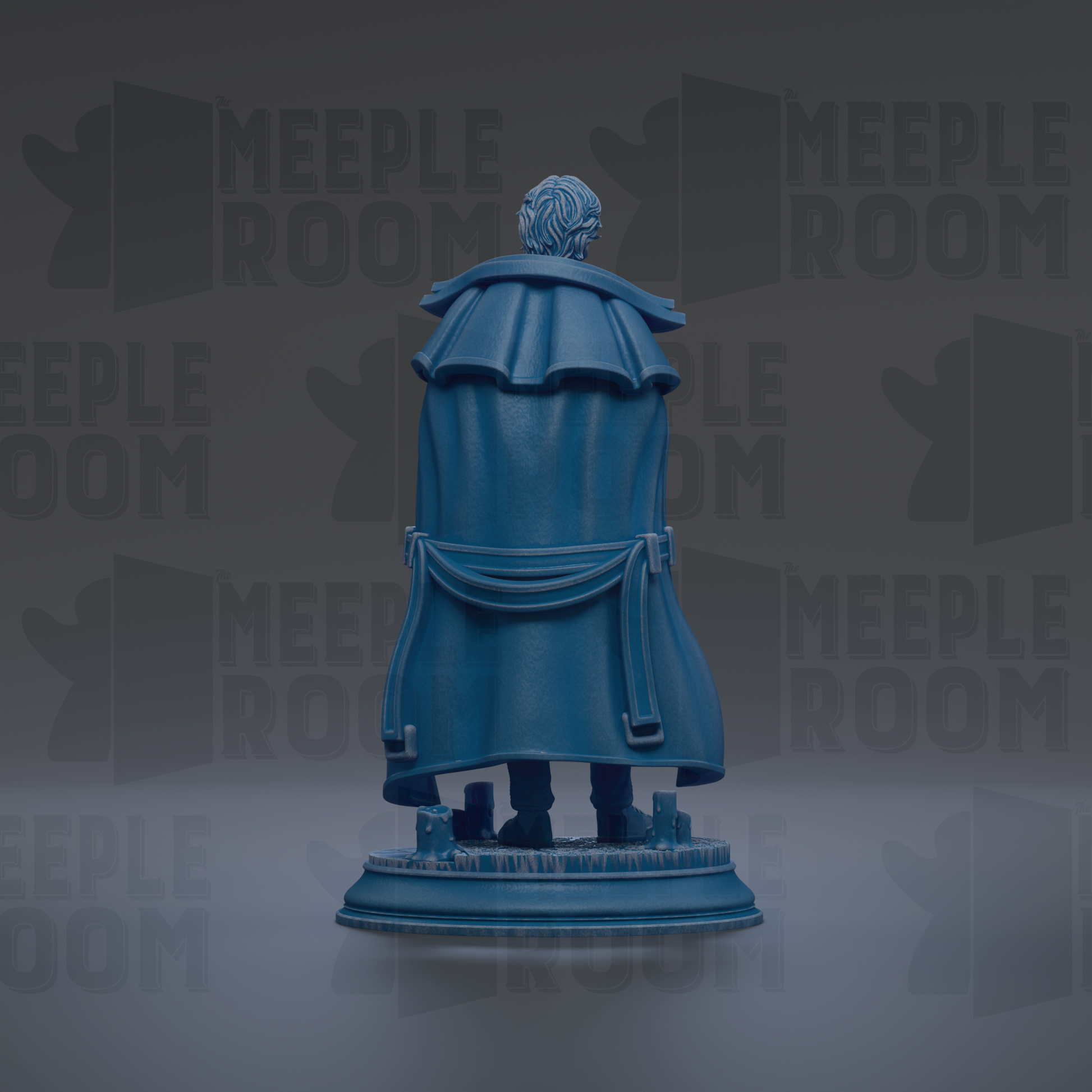 A blue statue of a person wearing a cape, standing on a pedestal against a dark background with repeated text.