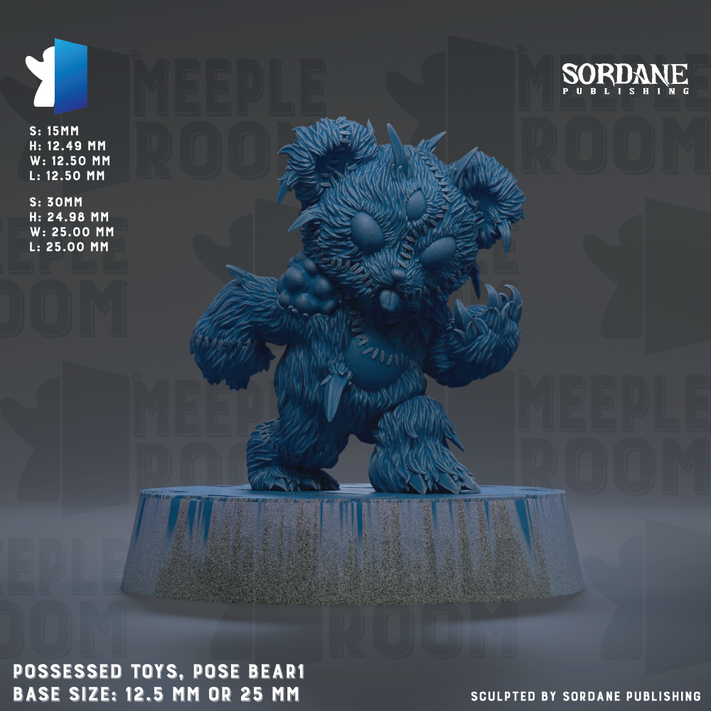 a large, detailed, and intricate blue bear figurine posed on a platform. The bear appears to be made of a material that resembles plastic or metal, giving it a shiny and textured appearance. The bear is positioned on a round base, which is described as either 12.5 mm or 25 mm in size. The bear is the main focus of the image, and there are no other objects or text present.