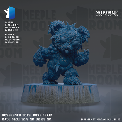 a large, detailed, and intricate blue bear figurine posed on a platform. The bear appears to be made of a material that resembles plastic or metal, giving it a shiny and textured appearance. The bear is positioned on a round base, which is described as either 12.5 mm or 25 mm in size. The bear is the main focus of the image, and there are no other objects or text present.