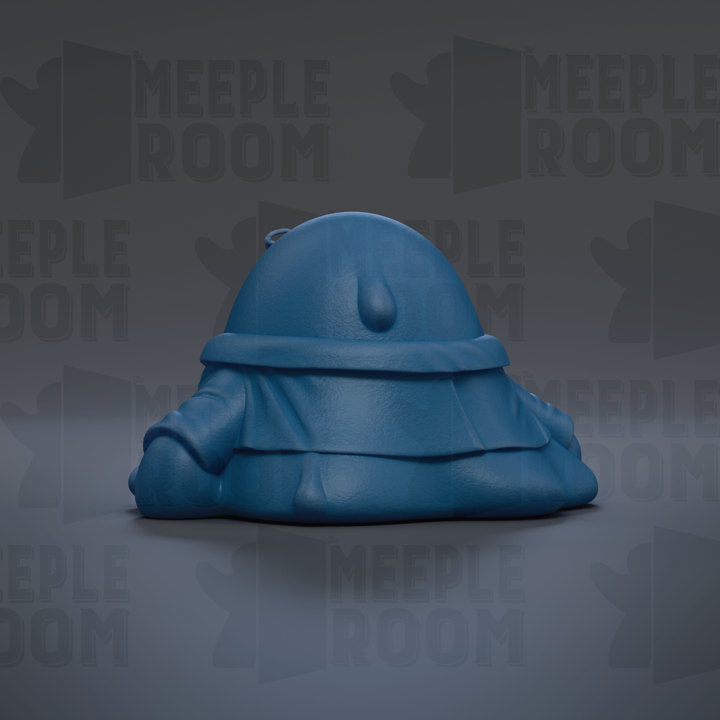 A blue, round, cartoonish object resembling a character or toy is shown against a dark background with repeated text.