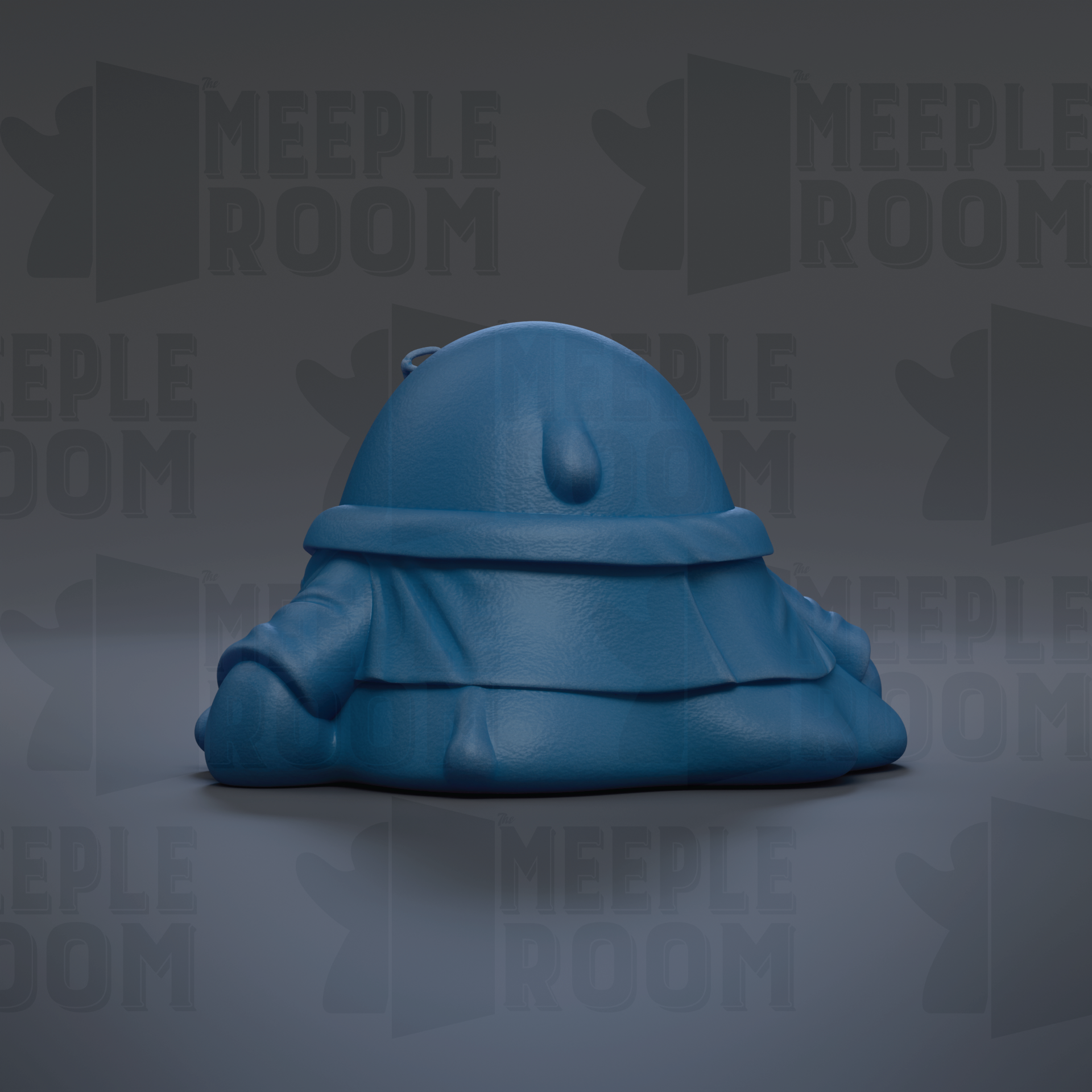 A blue, round, cartoonish object resembling a character or toy is shown against a dark background with repeated text.