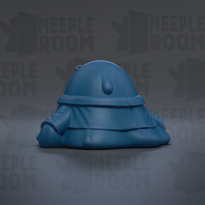 A blue, round, cartoonish object resembling a character or toy is shown against a dark background with repeated text.