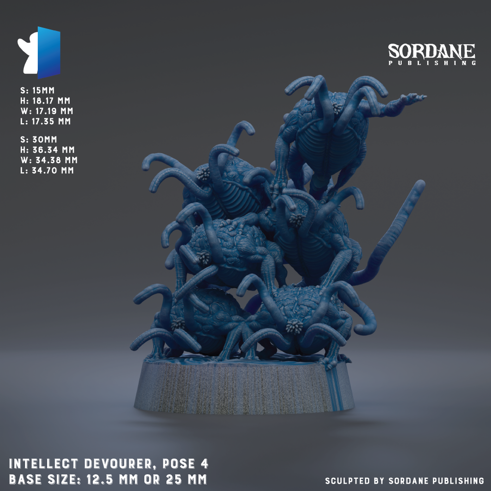 The image is a 3D rendering of a figurine depicting a group of blue creatures, possibly resembling insects or sea creatures, arranged in a pile or stack. The figurine is described as an "Intelligent Devourer" and is shown in various sizes, ranging from 5.15 mm to 25 mm. The base size of the figurine is either 12.5 mm or 25 mm. The image is published by Sordane Publishing.