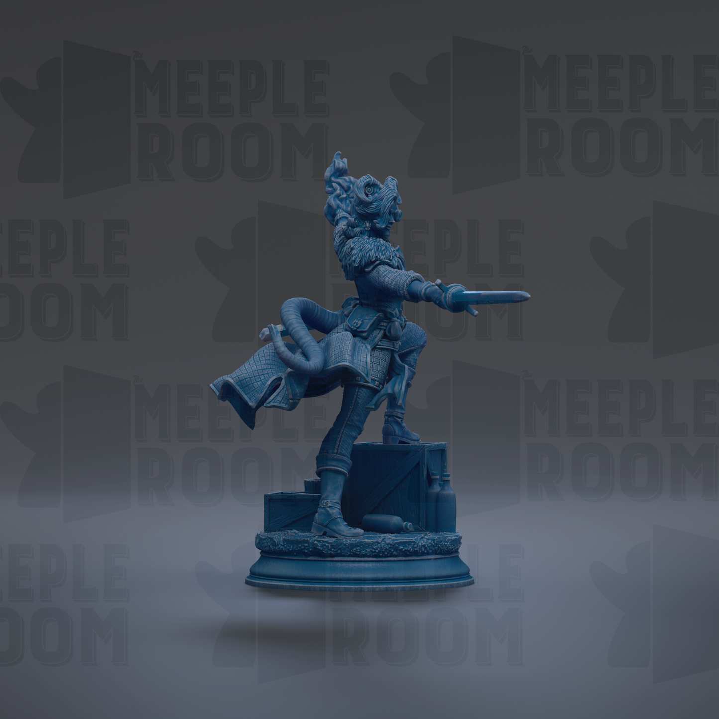 A blue statue of a person holding a sword and shield, standing on a pedestal.