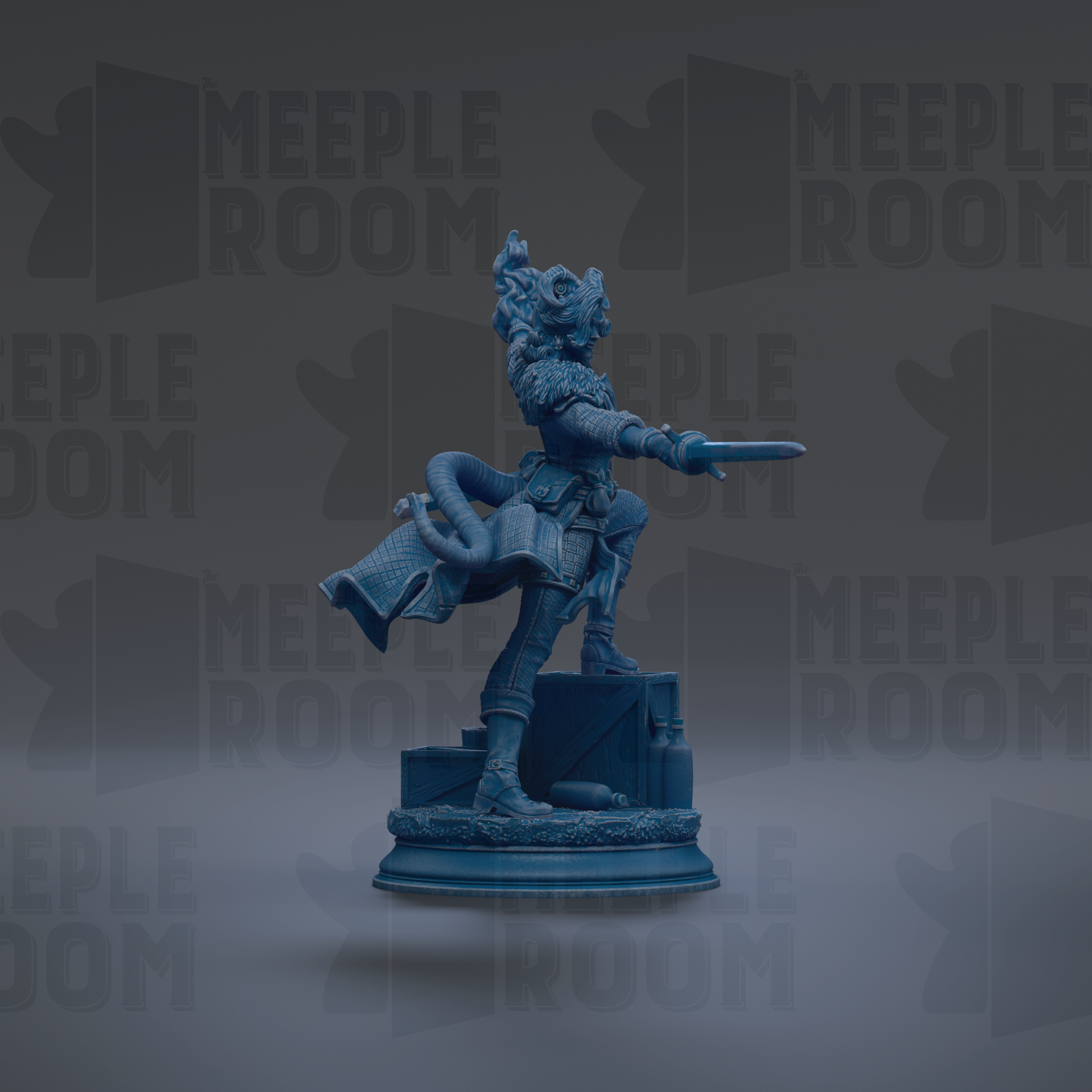 A blue statue of a person holding a sword and shield, standing on a pedestal.