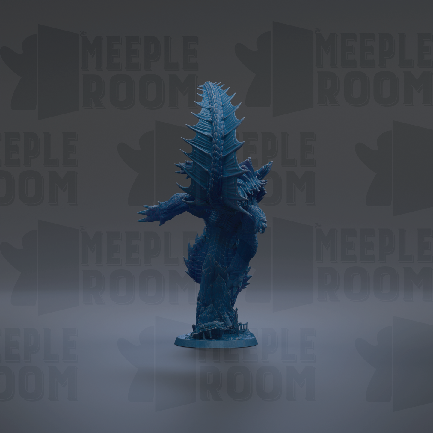 A blue figurine of a dragon-like creature is shown against a dark background with repeated text.