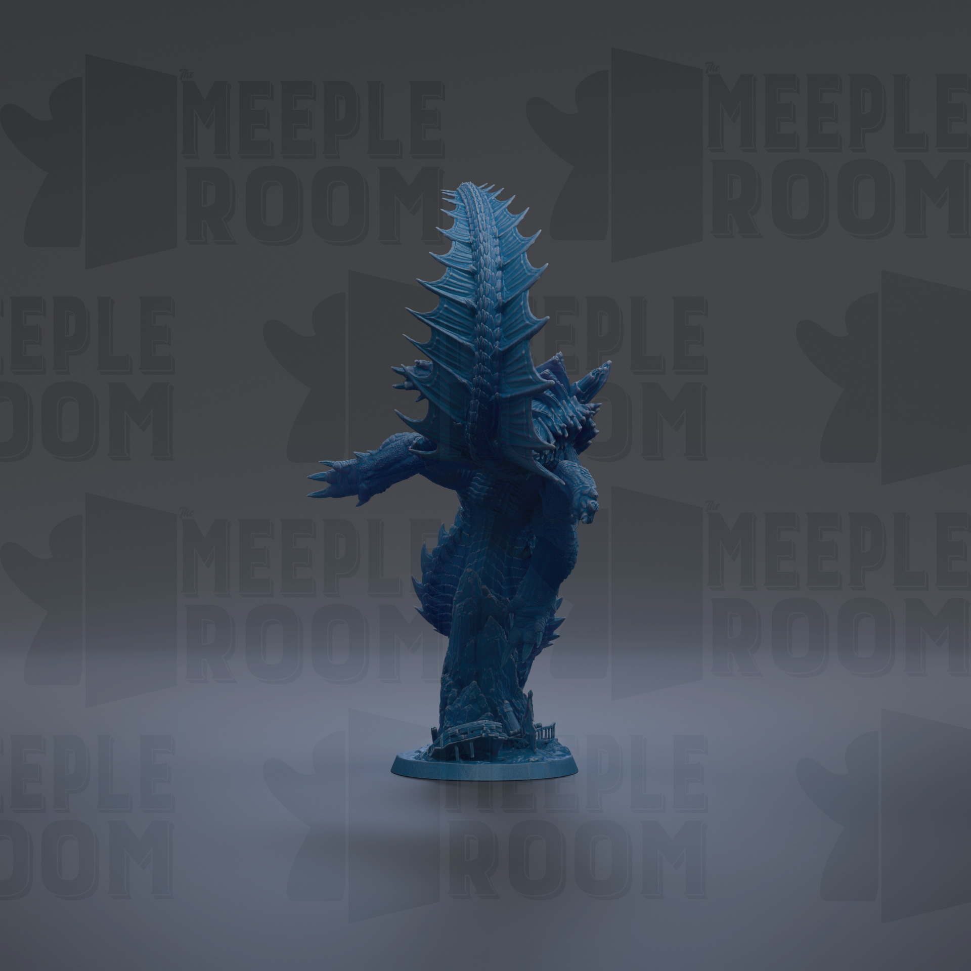 A blue figurine of a dragon-like creature is shown against a dark background with repeated text.