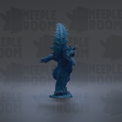 A blue figurine of a dragon-like creature is shown against a dark background with repeated text.
