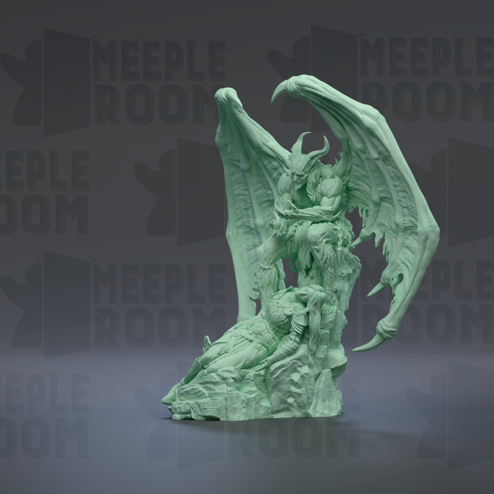 A 3D rendering of a winged, armored figure with a fierce expression, standing on a rock formation.
