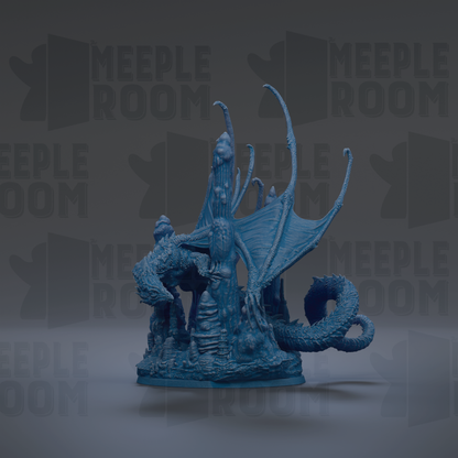 A 3D rendering of a blue dragon-like creature with wings and a tail, set against a dark background with repeated text.